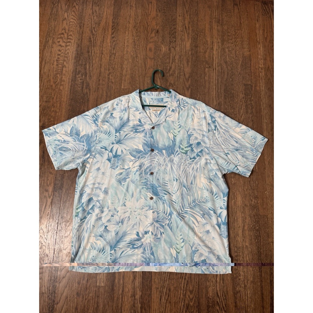Tommy Bahama Mens Silk Camp Shirt Tropical Palm Leaf Blue Short Sleeve XXL